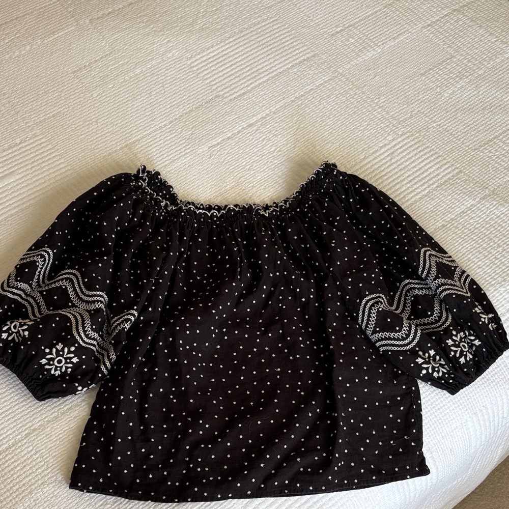 Sezane Black Blouse with White Embroidery